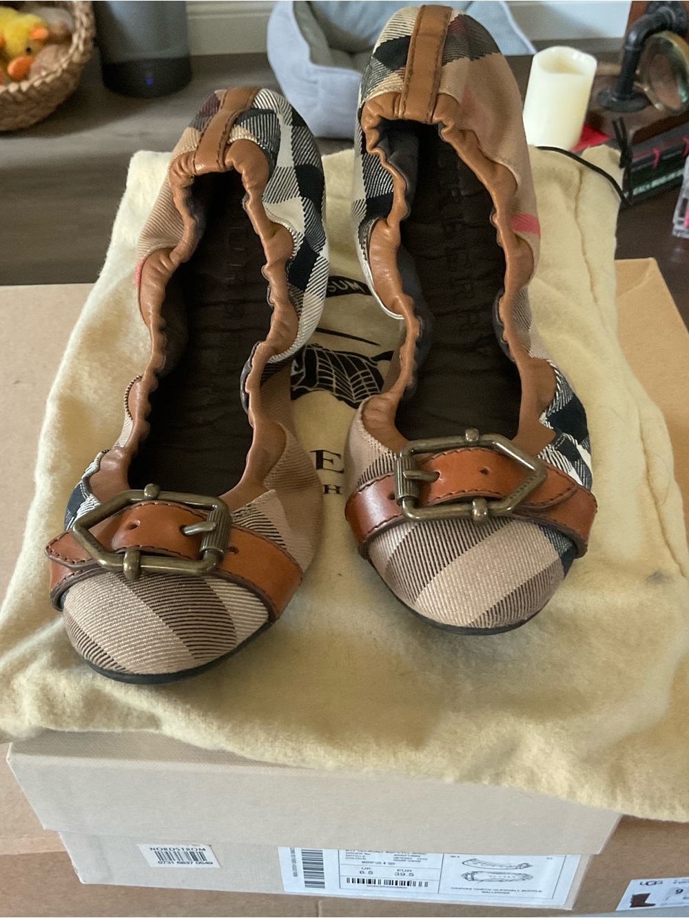 Burberry Beige & Tan Check Leather Buckle Ballet Flats
